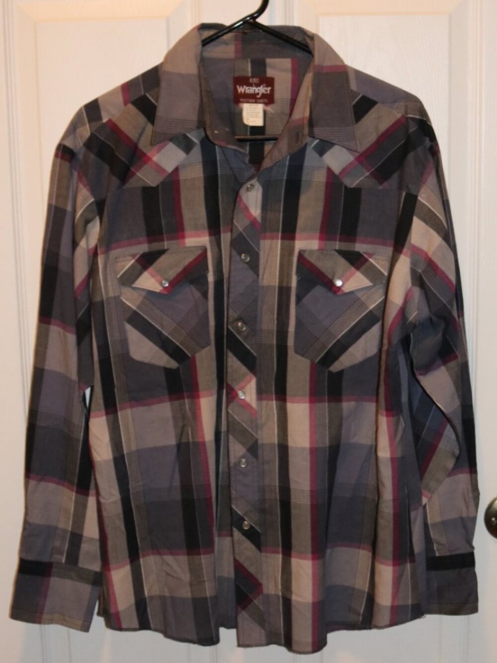 Western Mens Pearl Snap Shirt Wrangler Large Gray Plaid Long-sleeve 16-16.5